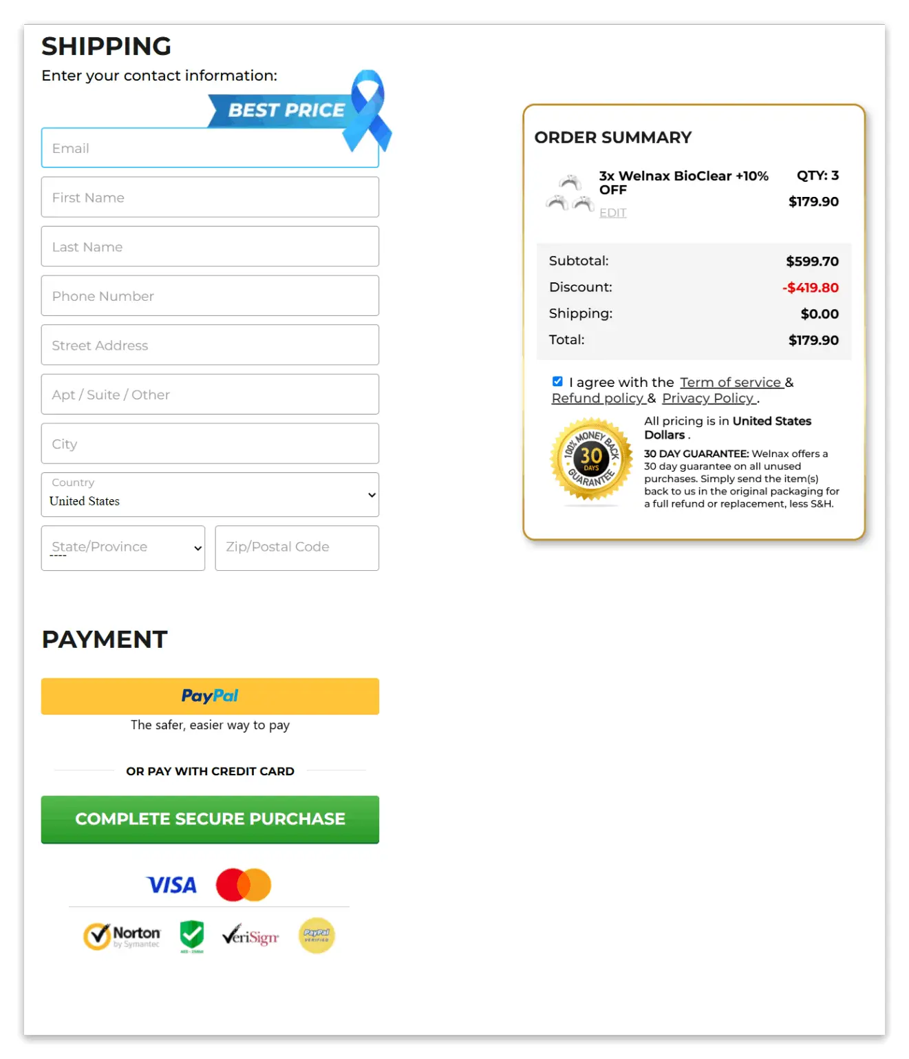 welnax bioclear secure checkout page